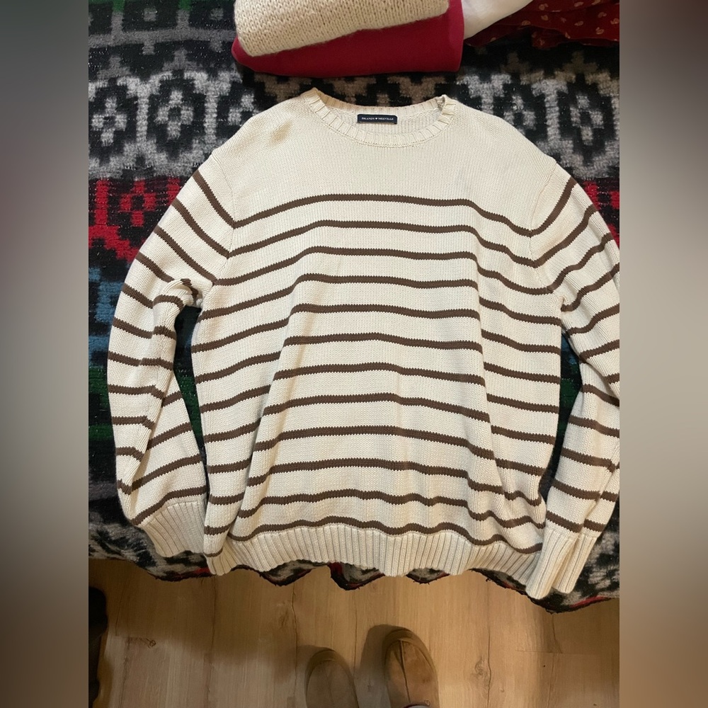 Brandy Melville Cream and Brown Striped Crewneck Sweater